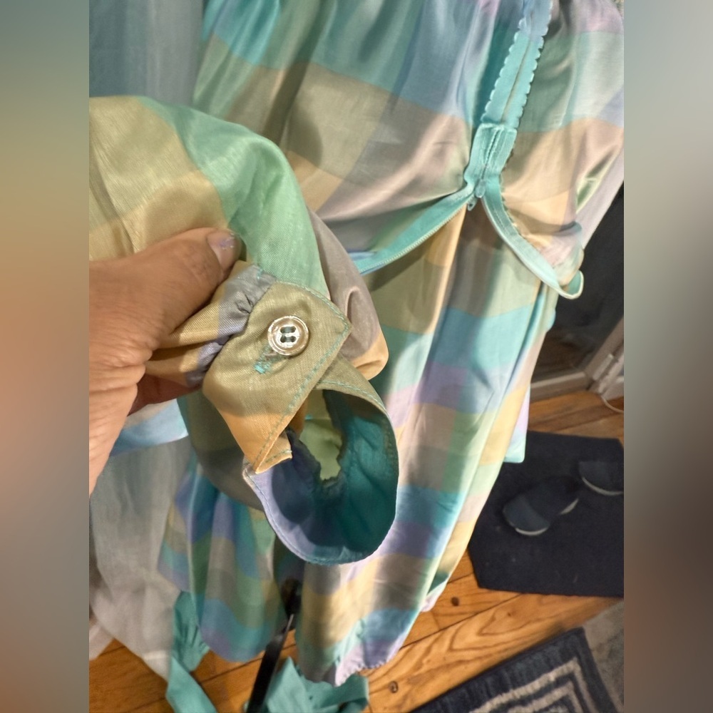 1980’s Donna Morgan Pastel Checkered Designer Cocktail Dress w/ Ruffle Collar - Picture 8 of 12